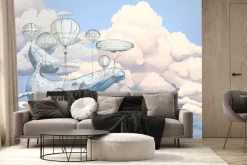 Fototapeta: Wieloryb z balonami na tle chmur i błękitnego nieba akwarelowy