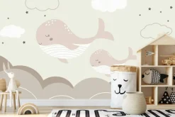 Fototapeta: Wieloryby na niebie z gwiazdami i chmurami bajkowy wzór