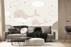 Fototapeta: Wieloryby na niebie z gwiazdami i chmurami bajkowy wzór