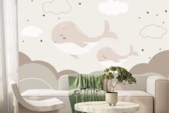 Fototapeta: Wieloryby na niebie z gwiazdami i chmurami bajkowy wzór