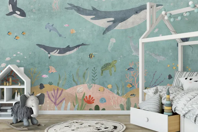 Fototapeta: Wieloryby rybki i rośliny w barwnym podwodnym świecie ilustracja