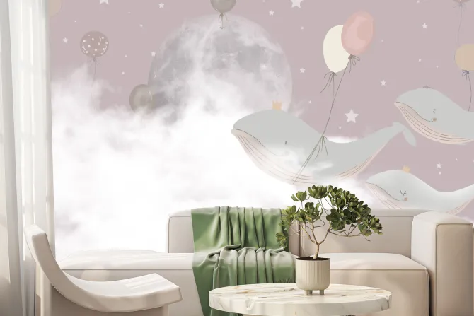 Fototapeta: Wieloryby z balonami na tle chmur księżyca i gwiazd