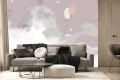 Fototapeta: Wieloryby z balonami na tle różowego nieba