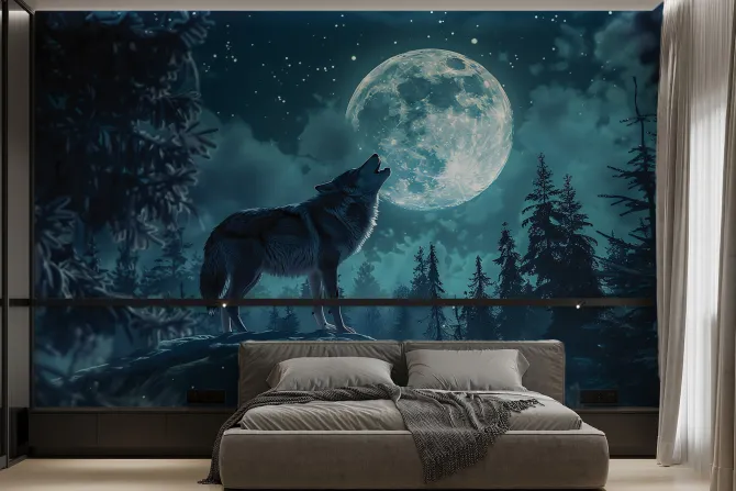Fototapeta: Wilk na zboczu góry wśród drzew i pełni księżyca