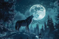 Fototapeta: Wilk na zboczu góry wśród drzew i pełni księżyca