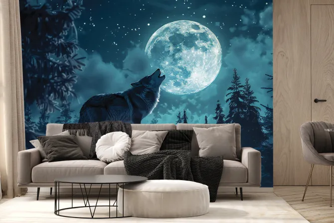 Fototapeta: Wilk na zboczu góry wśród drzew i pełni księżyca