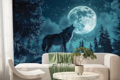 Fototapeta: Wilk na zboczu góry wśród drzew i pełni księżyca