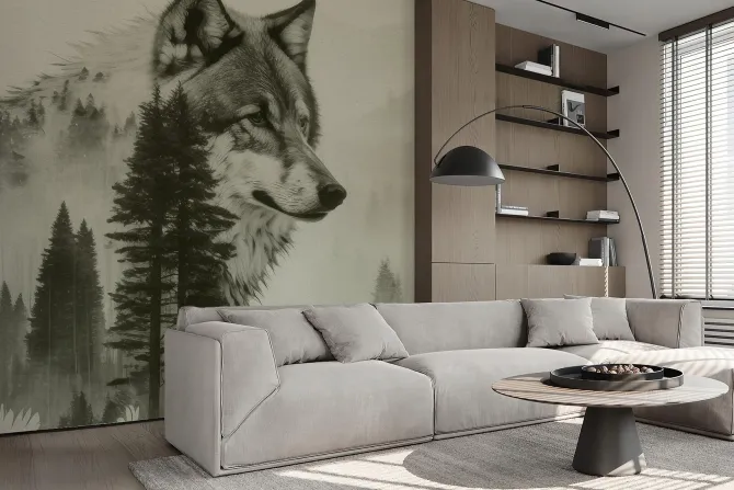 Fototapeta: Wilk wśród lasu iglastego