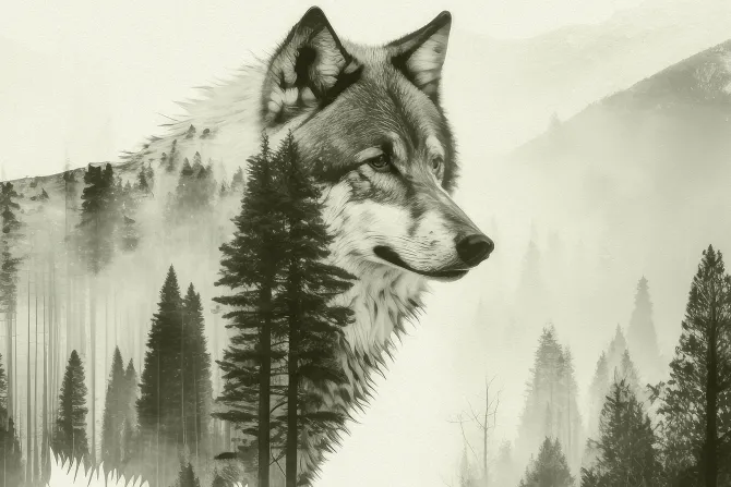 Fototapeta: Wilk wśród lasu iglastego