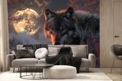 Fototapeta: Wilk wśród roślinności na tle pełni księżyca