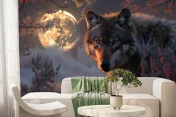 Fototapeta: Wilk wśród roślinności na tle pełni księżyca