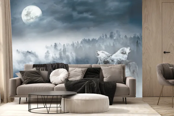 Fototapeta: Wilki na tle lasu przy pełni księżyca
