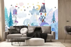 Fototapeta: Winter landscape. watercolor illustration. childrens poster.