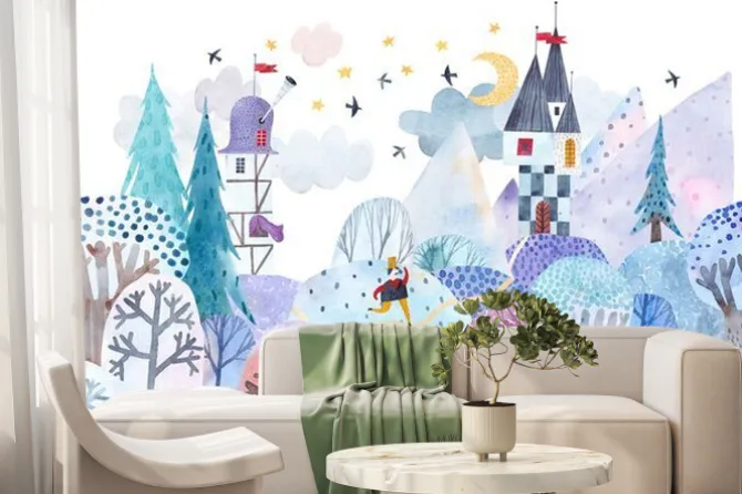 Fototapeta: Winter landscape. watercolor illustration. childrens poster.