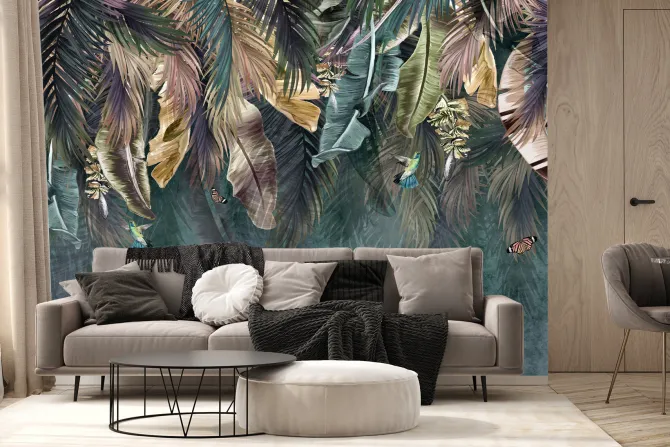 Fototapeta: Wiszące kolorowe liście z ptakami