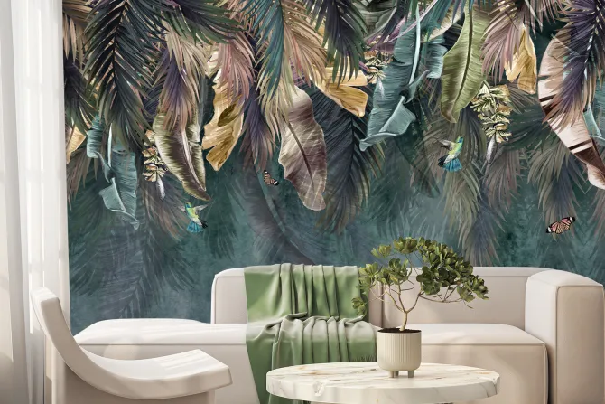 Fototapeta: Wiszące kolorowe liście z ptakami