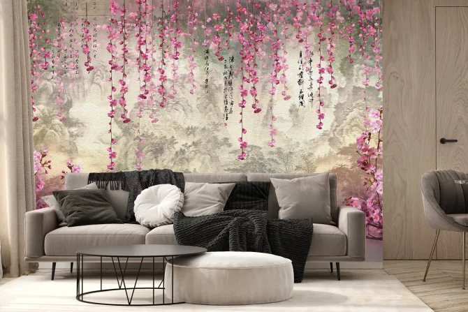 Fototapeta: Wiszące kwiaty wiśni na tle lasu