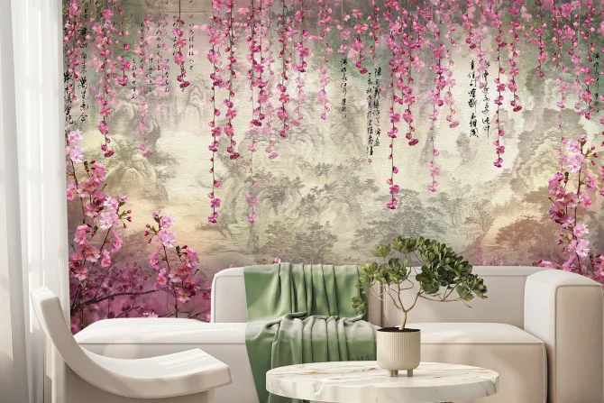 Fototapeta: Wiszące kwiaty wiśni na tle lasu