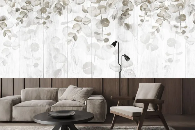 Fototapeta: Wiszące liście na drewnianych deskach