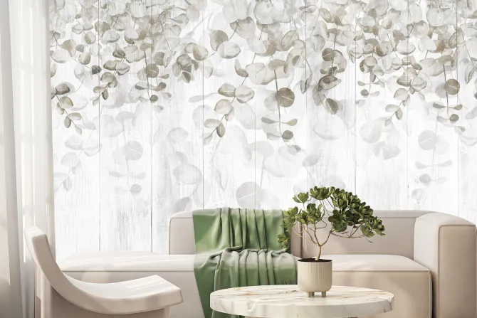 Fototapeta: Wiszące liście na drewnianych deskach