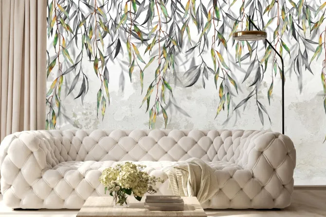 Fototapeta: Wiszące zielone pędy drzewa z liśćmi