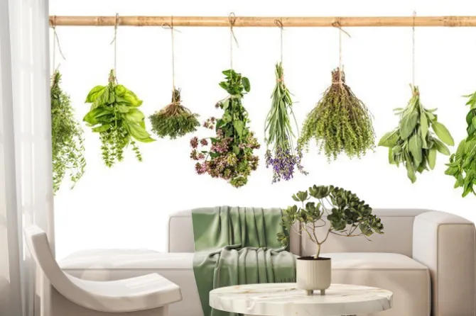 Fototapeta: Wiązki świeżych ziół na sznurku i bambusowym drążku