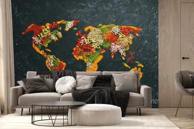 Fototapeta: World map - set of spices and condiments on a black background.