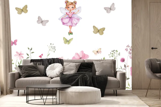 Fototapeta: Wróżka i motyle nad kwiecistą łąką bajkowy wzór dla dzieci