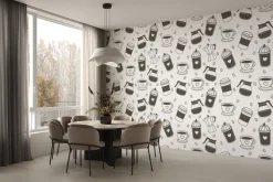 Fototapeta: Wzór kawowy z ziarnami i eleganckimi kubkami