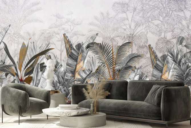 Fototapeta: Wzór z liśćmi tropikalnymi w odcieniach szarości i beżu