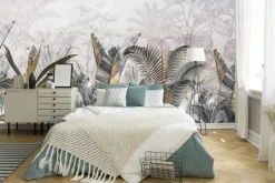 Fototapeta: Wzór z liśćmi tropikalnymi w odcieniach szarości i beżu