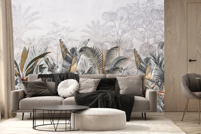 Fototapeta: Wzór z liśćmi tropikalnymi w odcieniach szarości i beżu