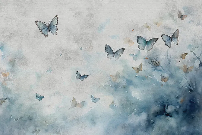 Fototapeta: Wzór z motylami na tle akwarelowym w odcieniach szarości i niebieskiego
