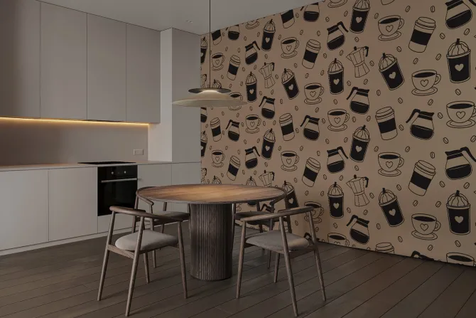 Fototapeta: Wzór z ziarnami kawy i kubkami