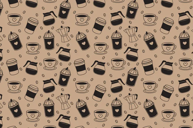 Fototapeta: Wzór z ziarnami kawy i kubkami