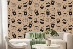Fototapeta: Wzór z ziarnami kawy i kubkami