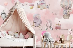 Fototapeta: Żyrafa i słoń w chmurach wśród kwiatów