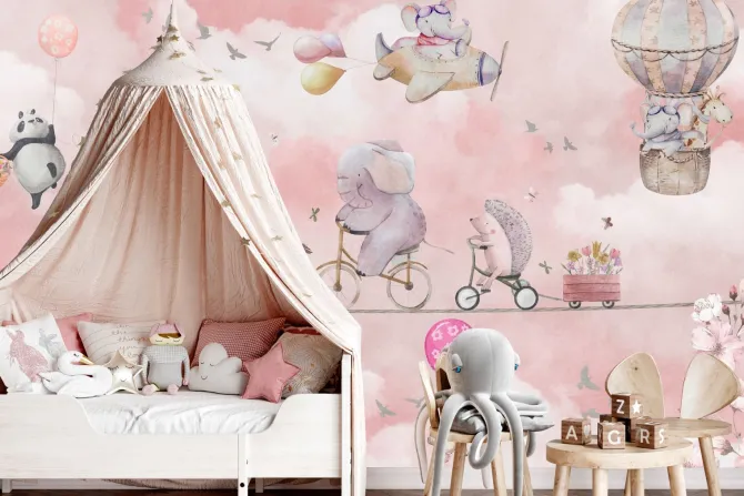 Fototapeta: Żyrafa i słoń w chmurach wśród kwiatów