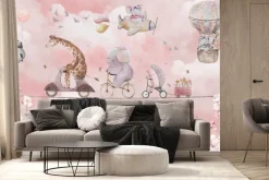 Fototapeta: Żyrafa i słoń w chmurach wśród kwiatów