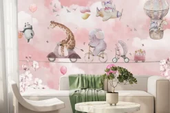 Fototapeta: Żyrafa i słoń w chmurach wśród kwiatów