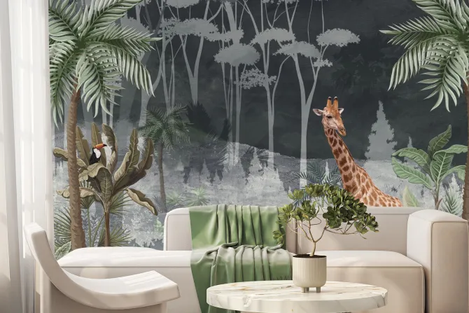 Fototapeta: Żyrafa w tropikalnej dżungli wśród palm