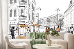 Fototapeta: Zabytkowa uliczka z kawiarenką i gitarzystą