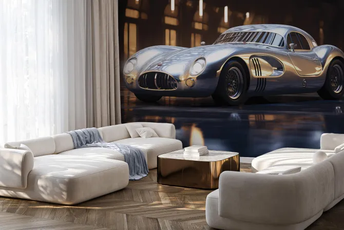 Fototapeta: Zabytkowy pojazd pod reflektorami światła