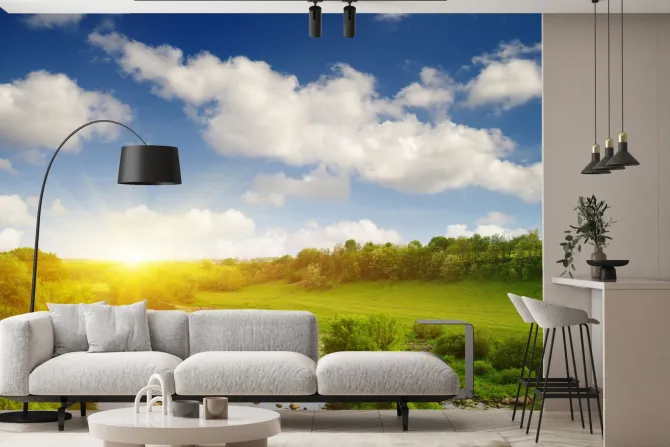 Fototapeta: Zachód słońca nad polaną z rzeką