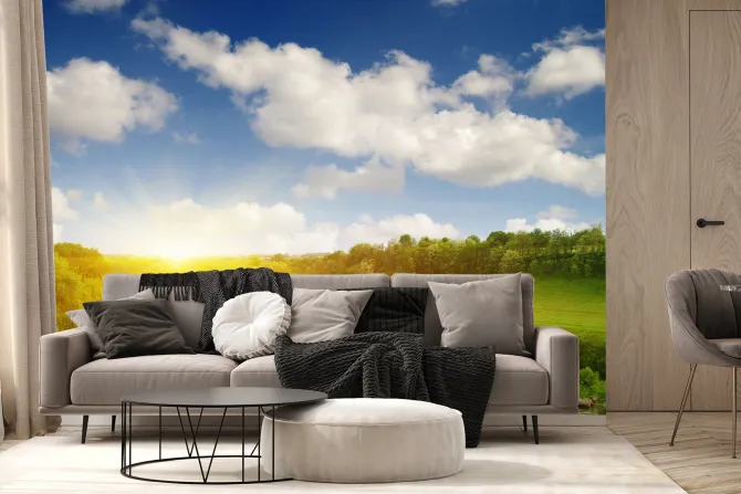 Fototapeta: Zachód słońca nad polaną z rzeką