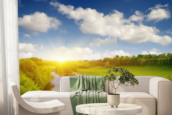 Fototapeta: Zachód słońca nad polaną z rzeką