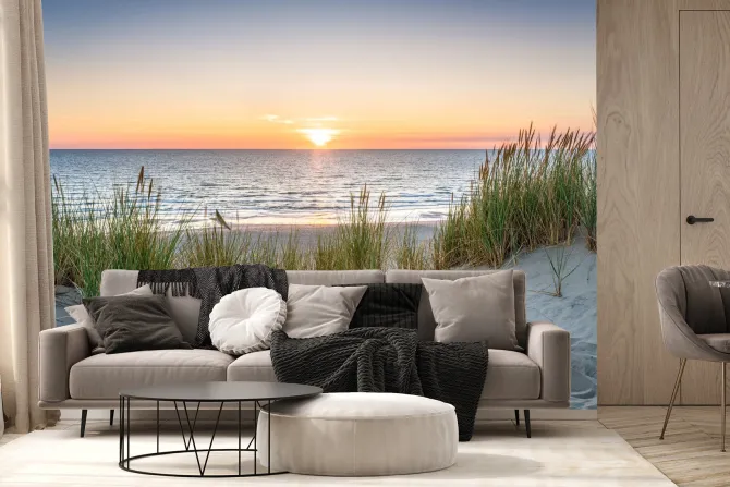 Fototapeta: Zachód słońca nad morzem i piaszczystą plażą