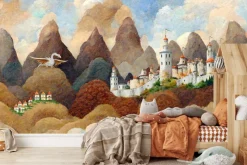 Fototapeta: Zamek i biały smok baśniowa ilustracja