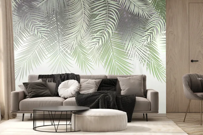 Fototapeta: Zamglone liście palm na ścianie