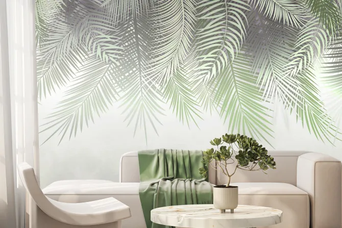 Fototapeta: Zamglone liście palm na ścianie